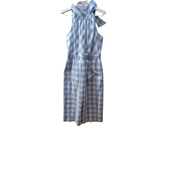 J Crew High Neck Gingham Tie Back Blue White Wide Leg Jumpsuit Size 2 L2578 - Picture 2 of 11